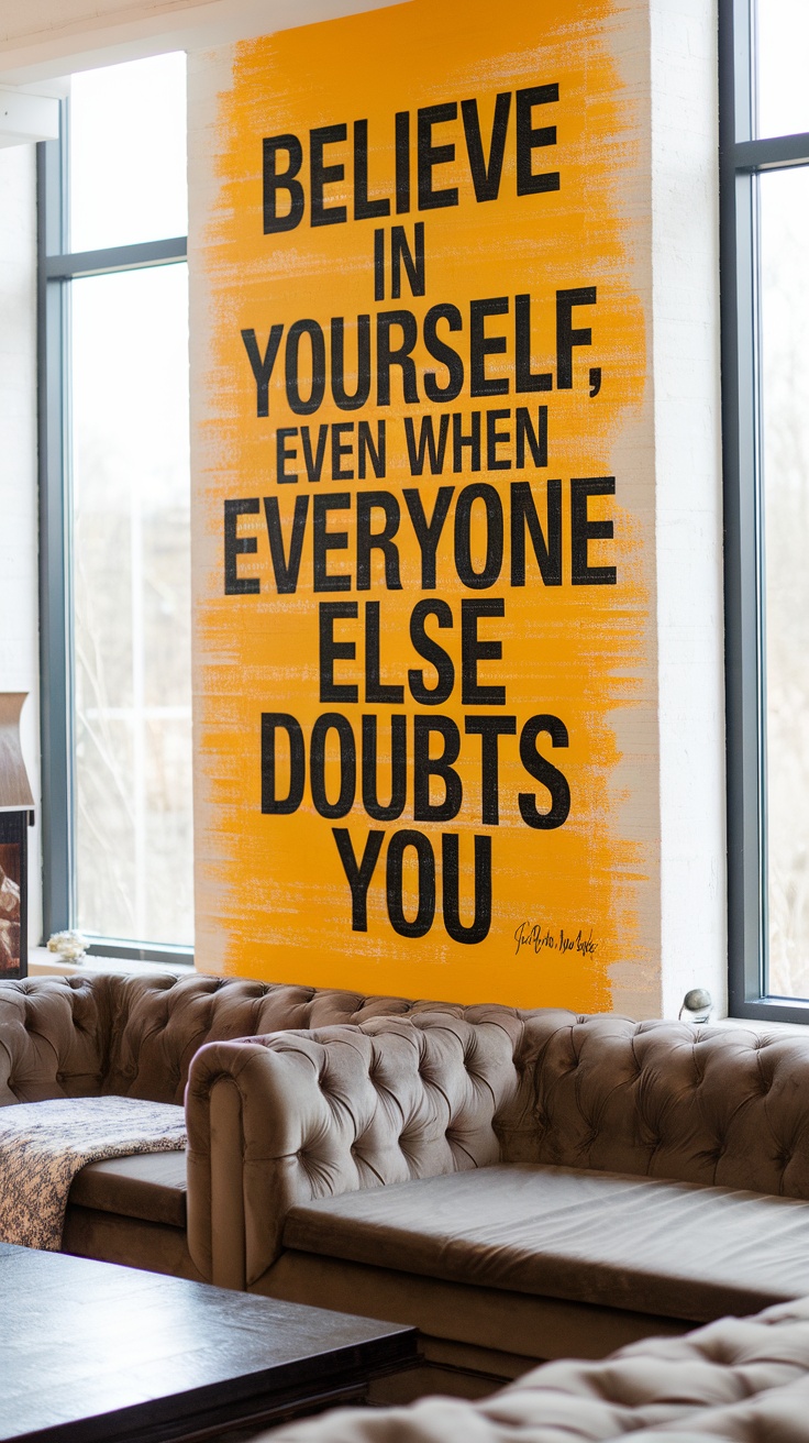 Motivational wall art with the quote 'Believe in yourself, even when everyone else doubts you' on a bright yellow background.