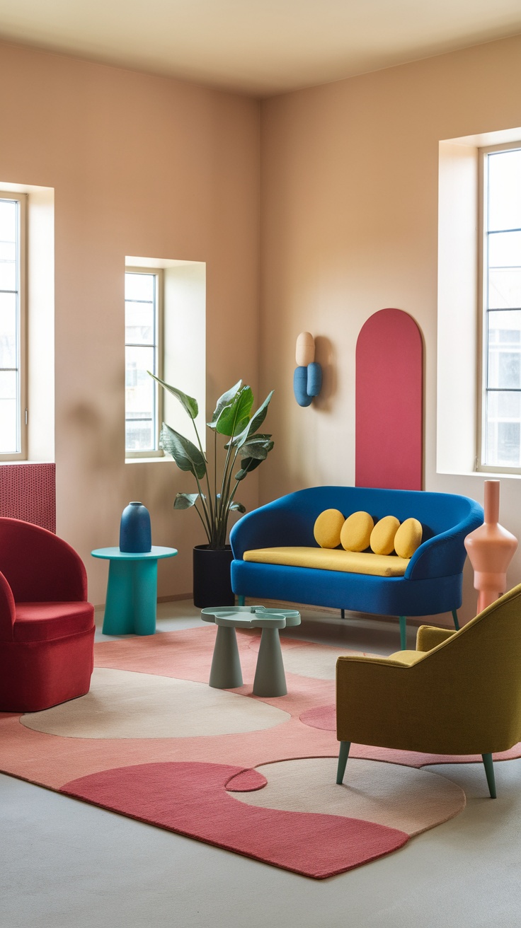 A vibrant living room featuring bold colored chairs, a blue sofa, and decorative elements, showcasing unique color combinations.