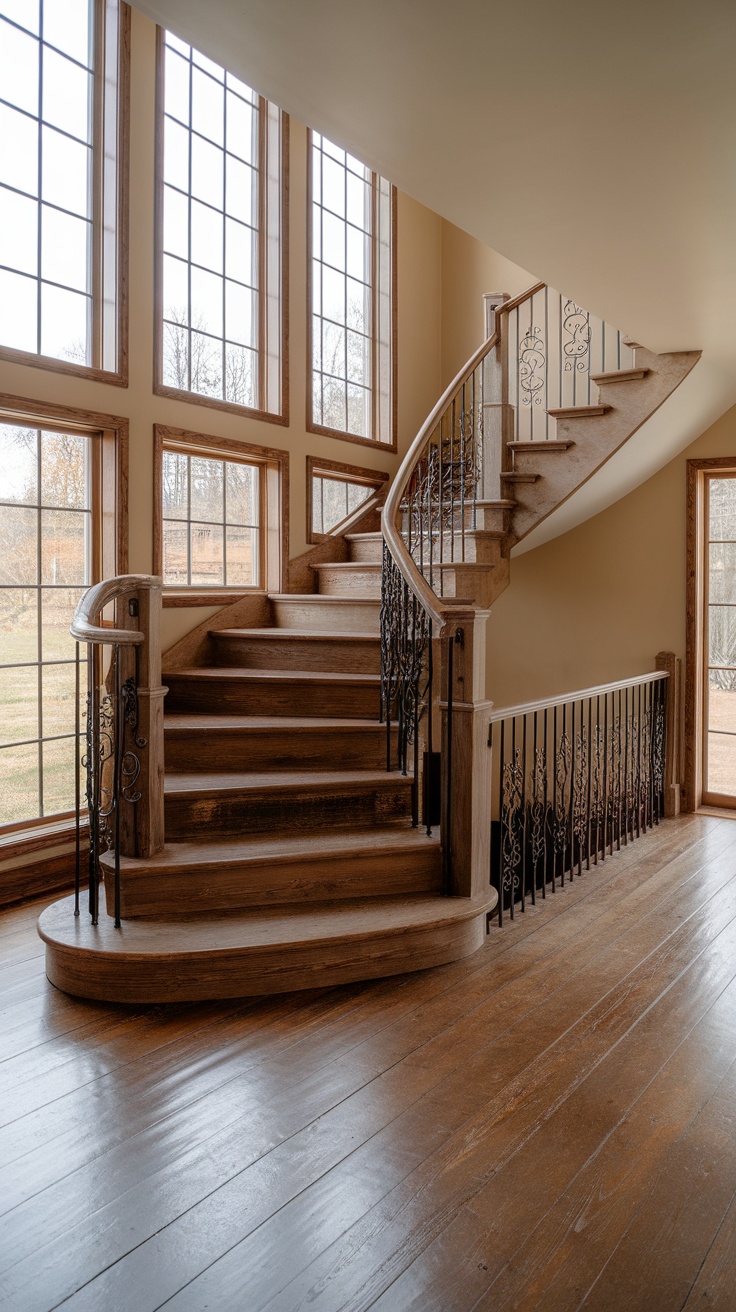 Curved wooden staircase with iron railings in a modern farmhouse setting