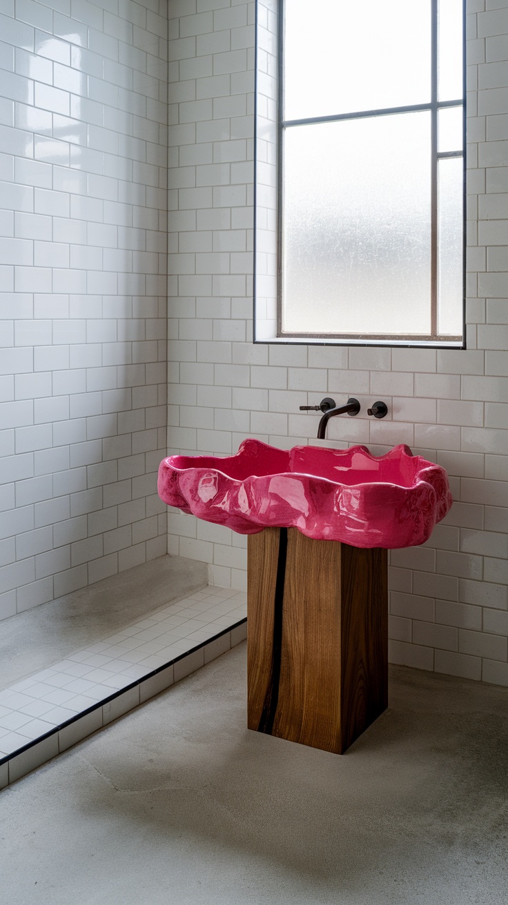 A bright pink uniquely shaped sink on a wooden pedestal in a minimalist bathroom with white tiles.