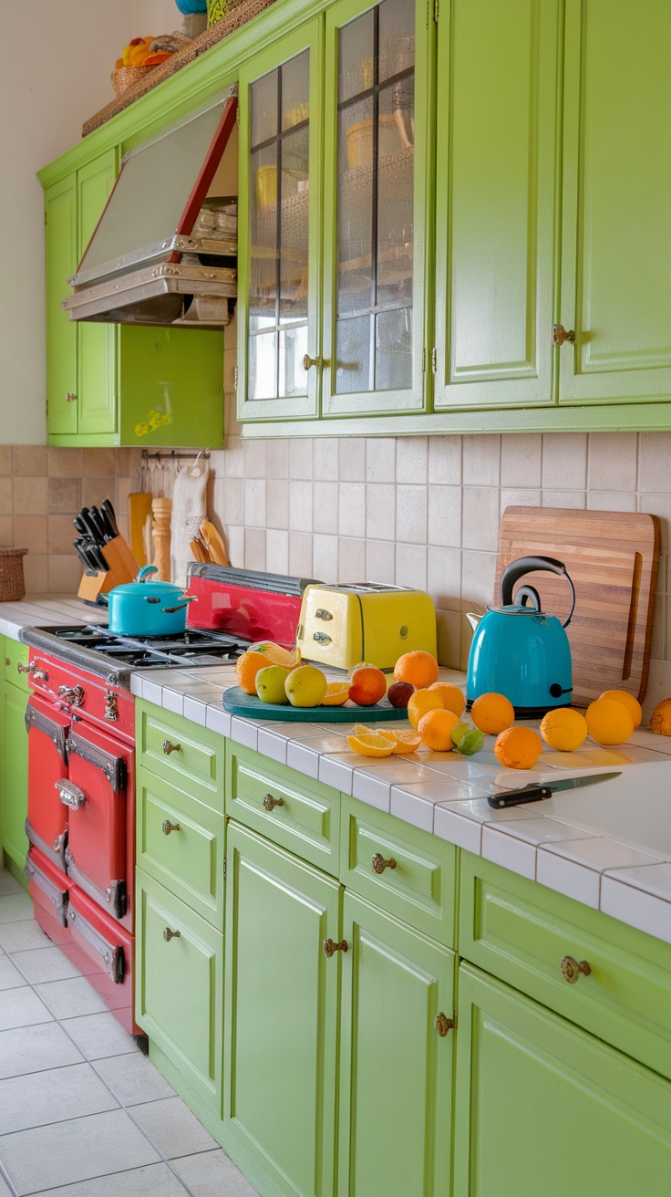 A colorful kitchen featuring bright green cabinets, a red stove, and a vibrant display of fruits on the countertop.