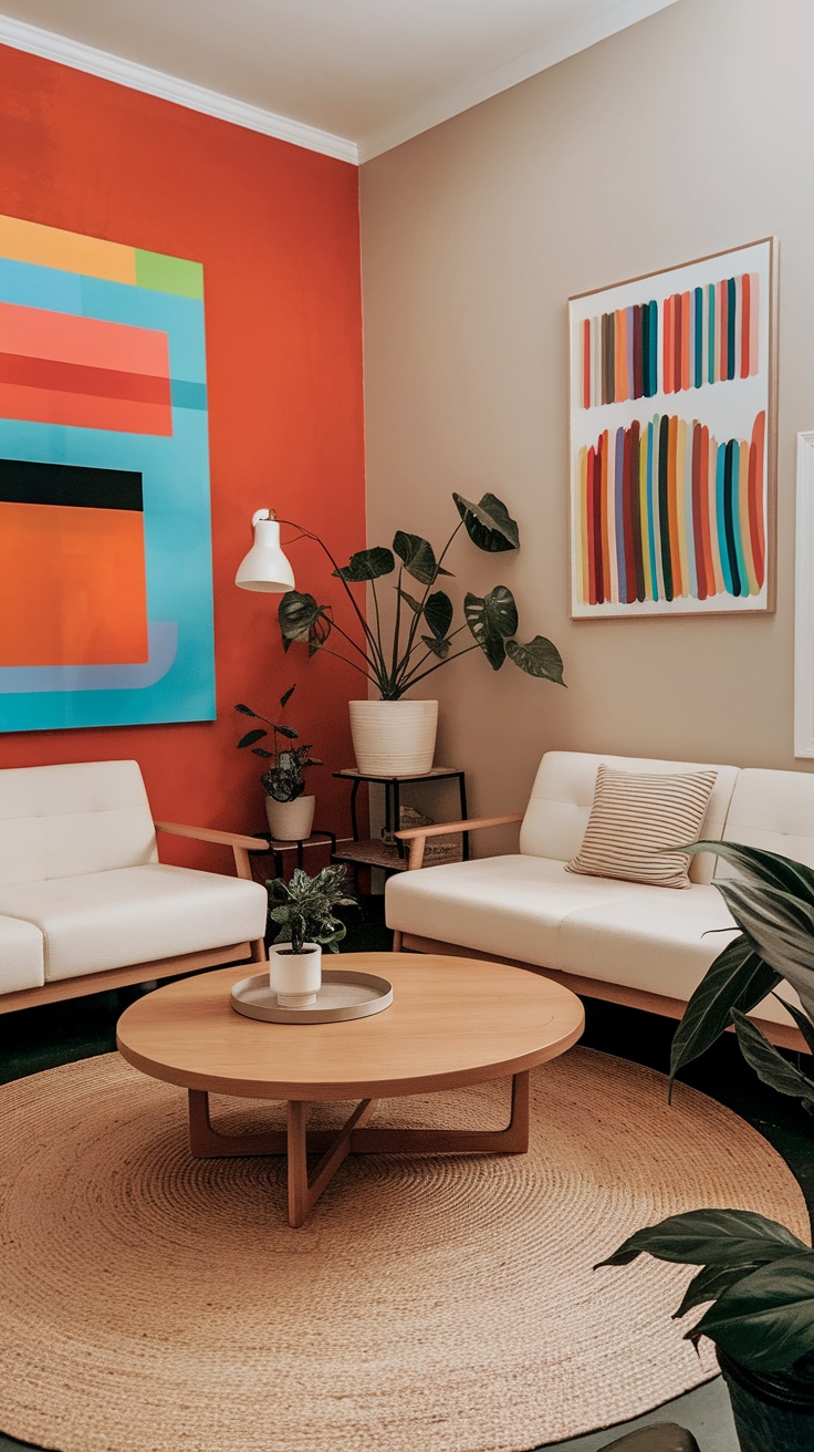 Living room with a vibrant red accent wall and colorful artwork, featuring white sofas and indoor plants.