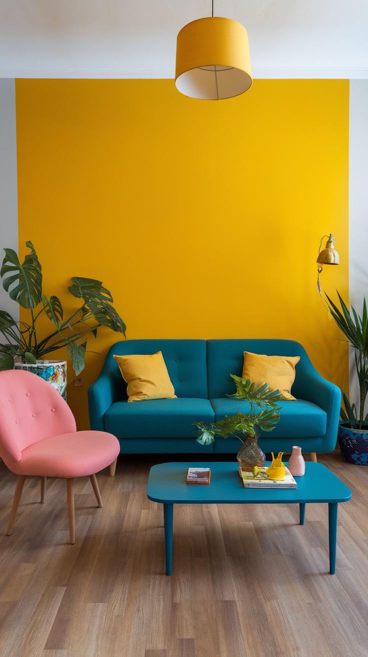 A bright living room featuring a yellow accent wall, teal couch, and pink chair.