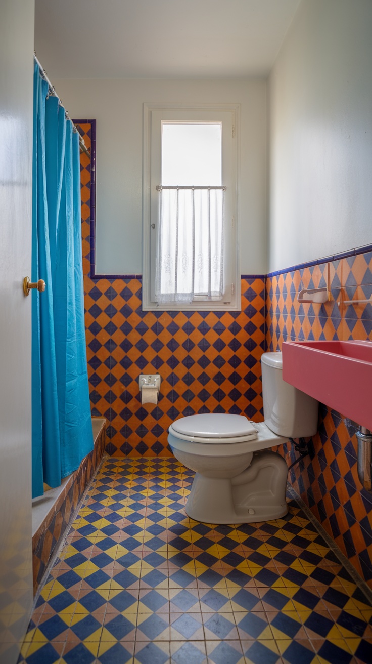 A small bathroom featuring vibrant diamond-patterned tiles in yellow, blue, and orange, with a white toilet and a bright blue shower curtain.