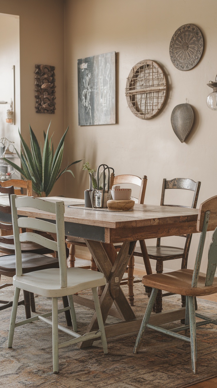 A vintage farmhouse dining area featuring a wooden table and various chairs, surrounded by warm-toned walls and decorative wall art.