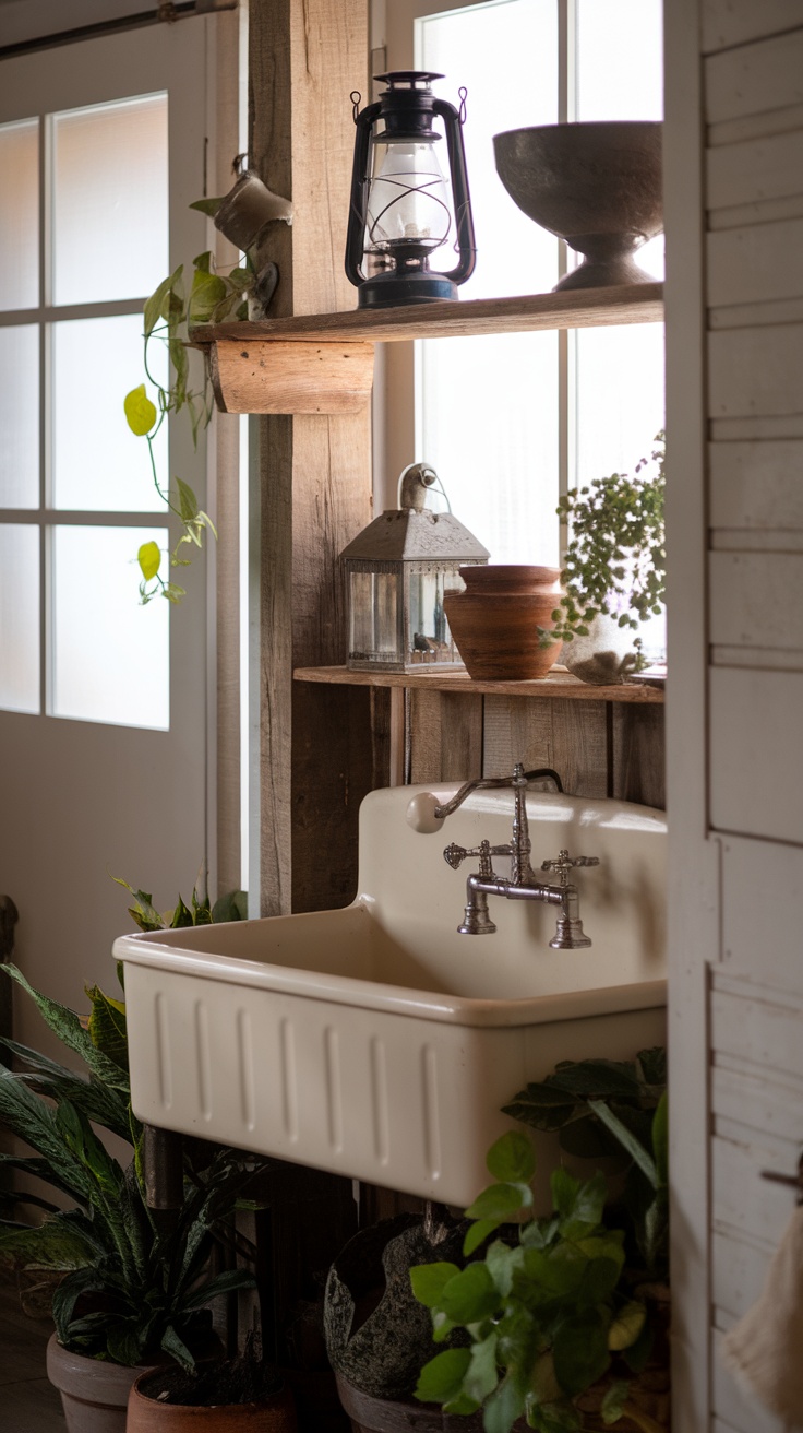 Vintage farmhouse sink with metal faucets, surrounded by plants and rustic decor.