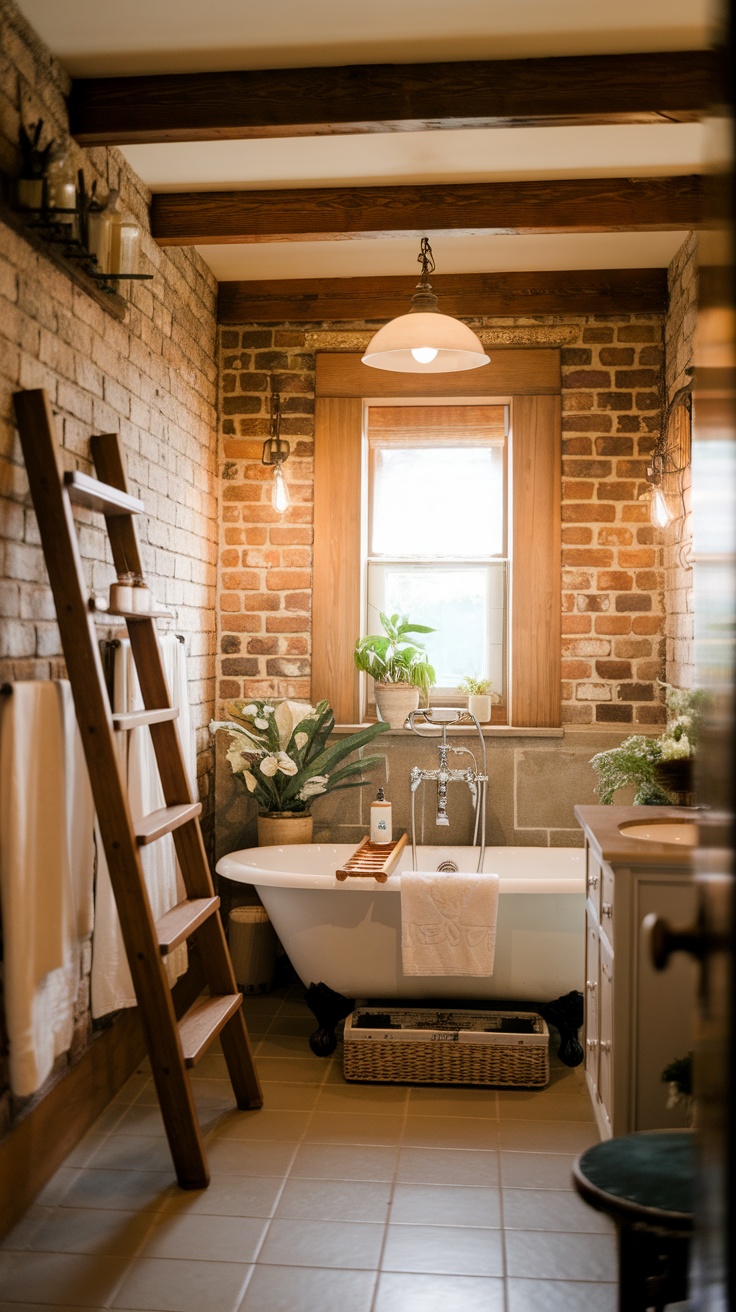 A cozy farmhouse bathroom featuring exposed brick walls, wooden beams, a freestanding tub, and plants.