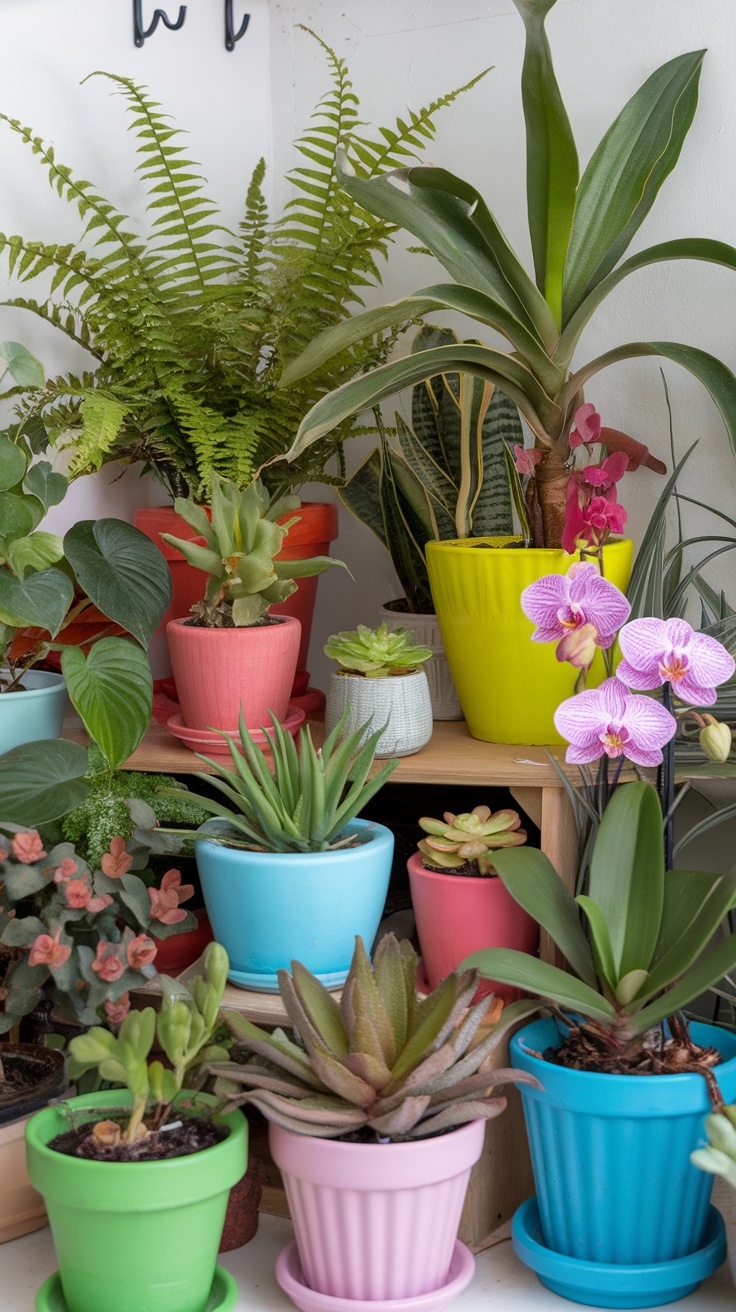 A vibrant display of indoor plants in colorful pots, showcasing a whimsical collection of greenery.