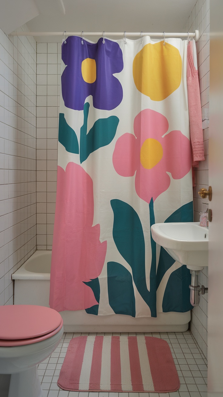 A small bathroom with a whimsical floral shower curtain in bright colors, a pink toilet seat, and a striped bath mat.