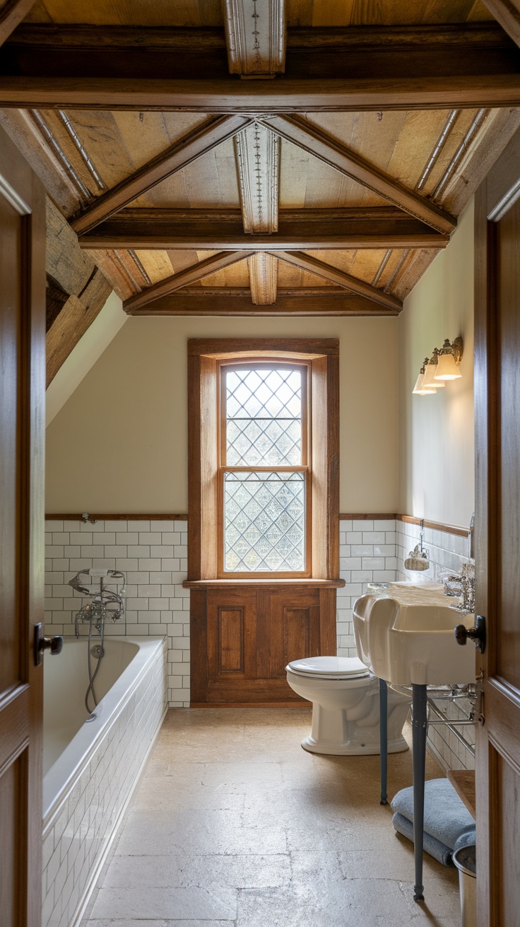 A bathroom featuring wooden beams and intricate ceiling details, with natural light coming through a window.