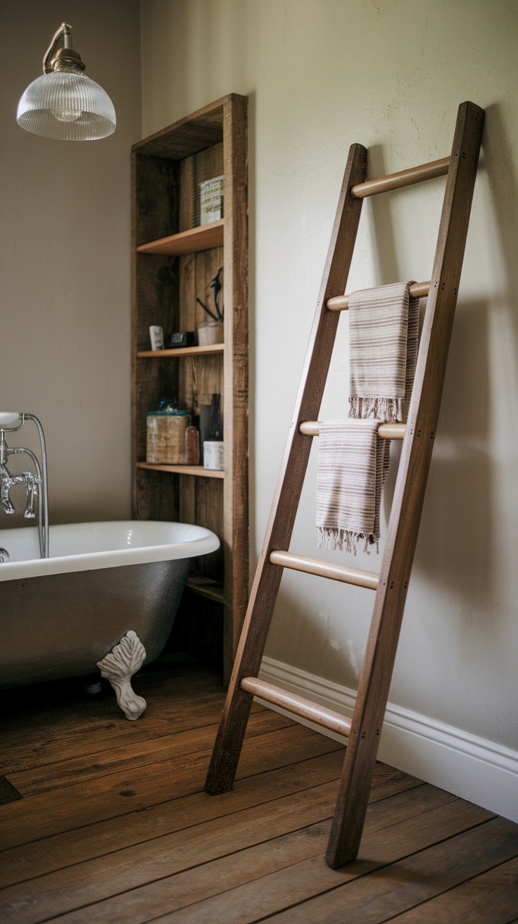 A wooden ladder with towels in a stylish bathroom featuring a vintage tub and rustic decor.