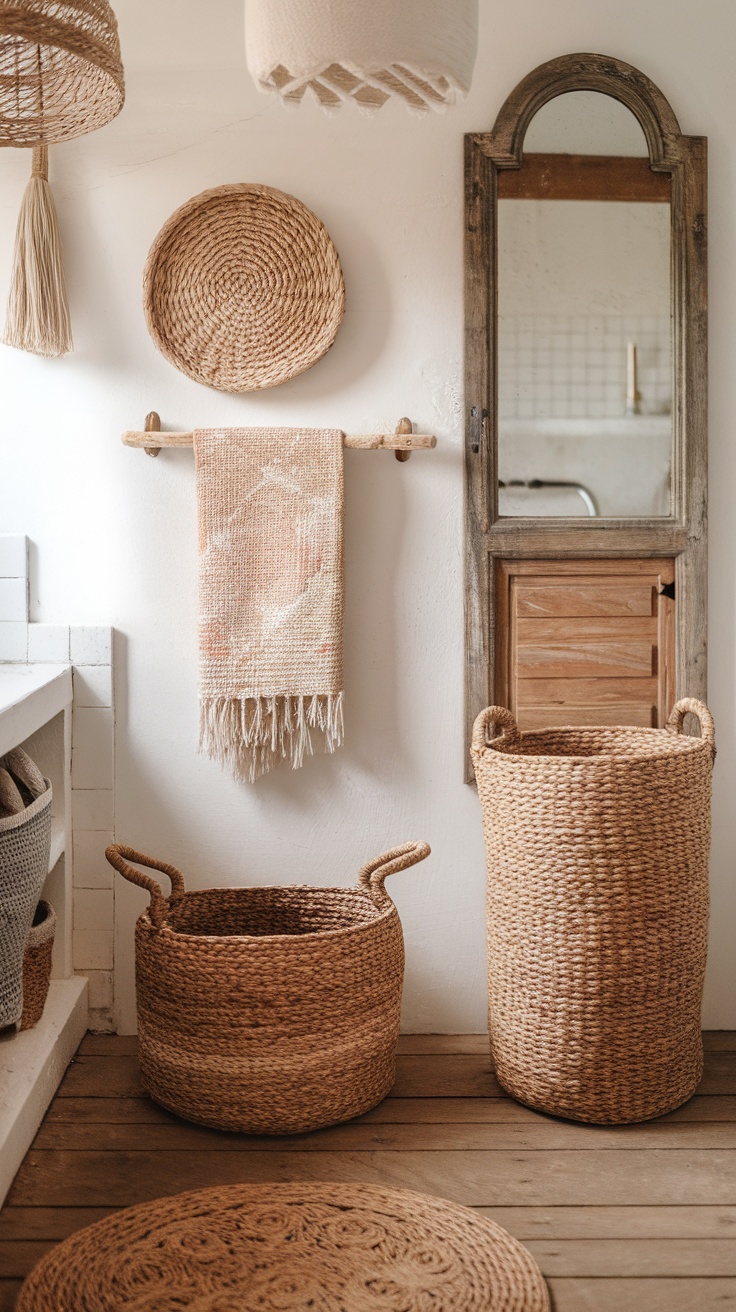 A cozy bathroom featuring woven textiles and natural baskets against a white wall.