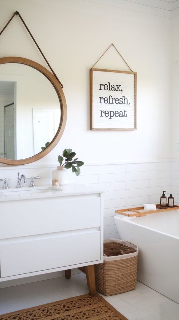 A stylish wooden wall sign with ‘Relax, Refresh, Repeat’ engraved in elegant cursive, hanging above a luxurious master bath tub. The soft lighting and neutral tones make it an ideal choice for serene bathroom decor."