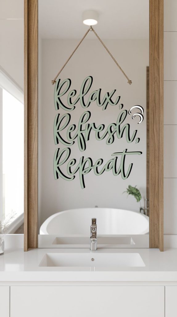 Create a spa-like retreat with this wooden house wall art idea. Whether you hang it over the tub or near the sink, this sign complements any bathroom wall decorations ideas effortlessly."