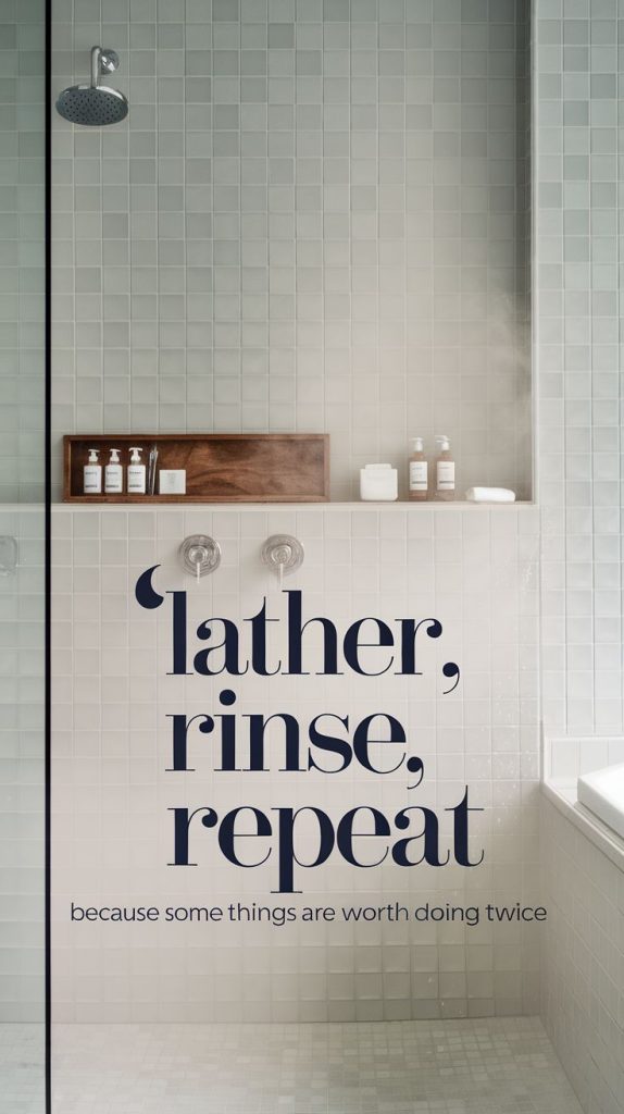 A classic wooden sign in a minimalist master bath, reminding you of the simple pleasures of self-care. Ideal for those looking for elegant bathroom wall decorations ideas.