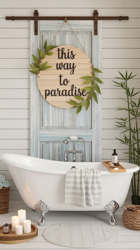 A stylish wooden sign with ‘This Way to Paradise’ directing the way to a cozy, candle-lit tub. A must-have for those embracing spa-like bathroom decor