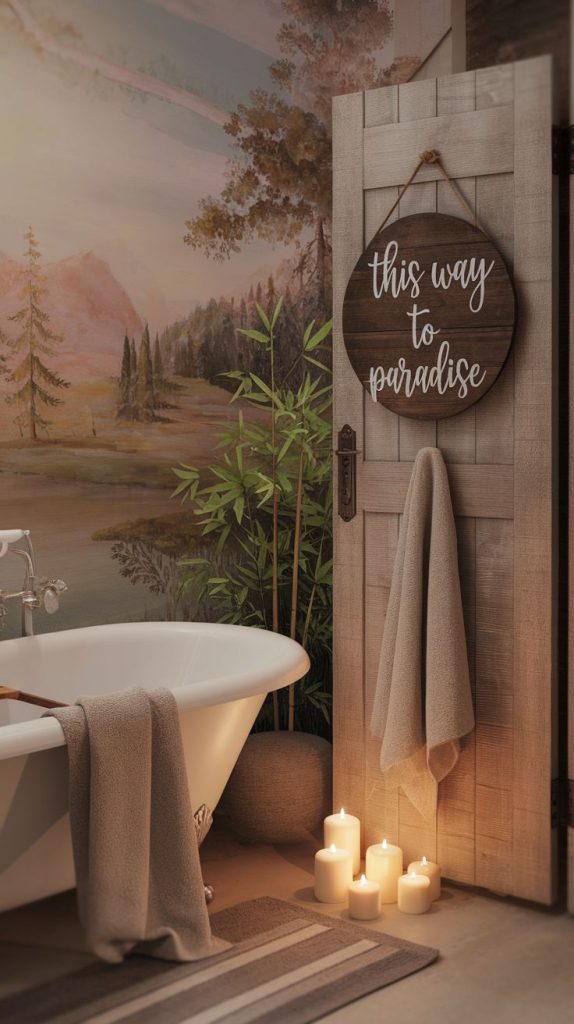 Artwork ideas for bathrooms get an upgrade with this elegant wooden sign, pointing toward the perfect relaxation spot