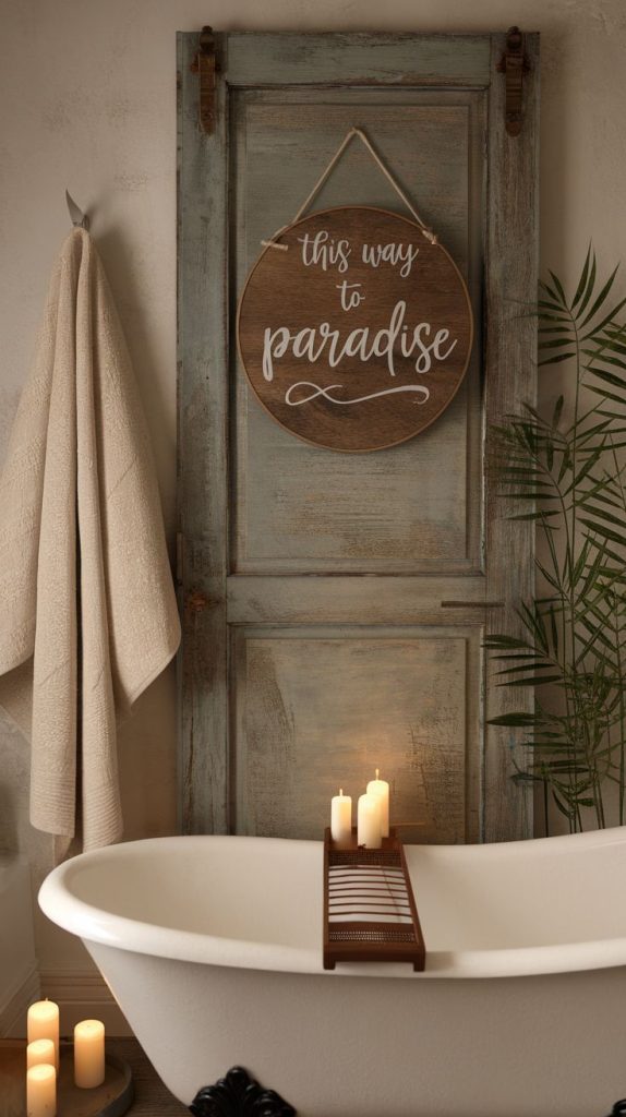 A rustic yet modern wooden house wall art idea that adds charm and function to any serene bathroom setup.