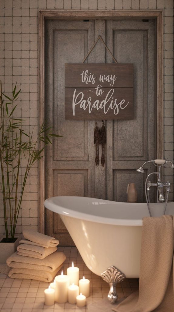 Master bath tub ideas decor wouldn’t be complete without this sign guiding the way to an ultimate escape.