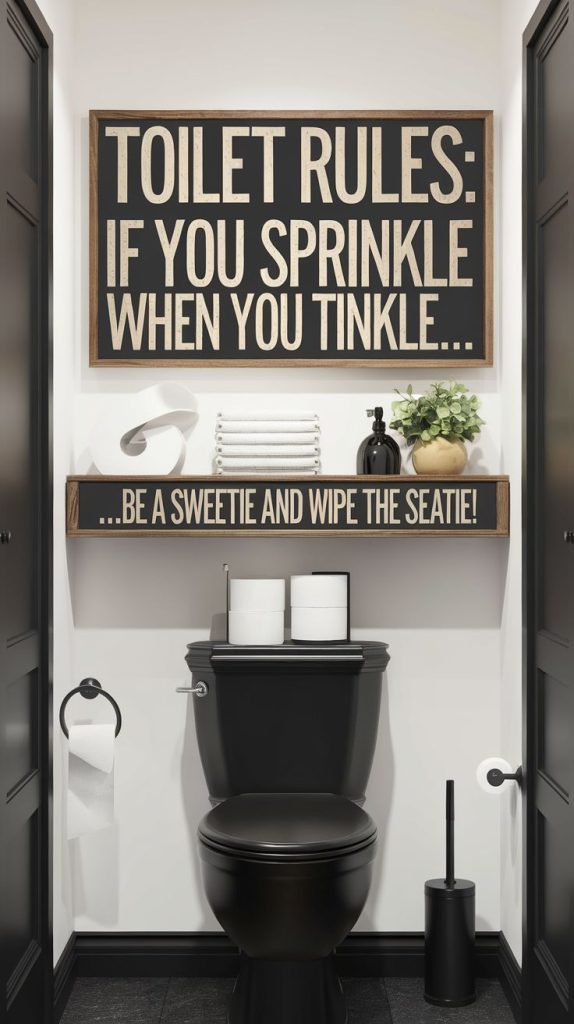 Bathroom wall decorations ideas don’t have to be boring—this playful wooden sign adds humor while keeping things stylish.