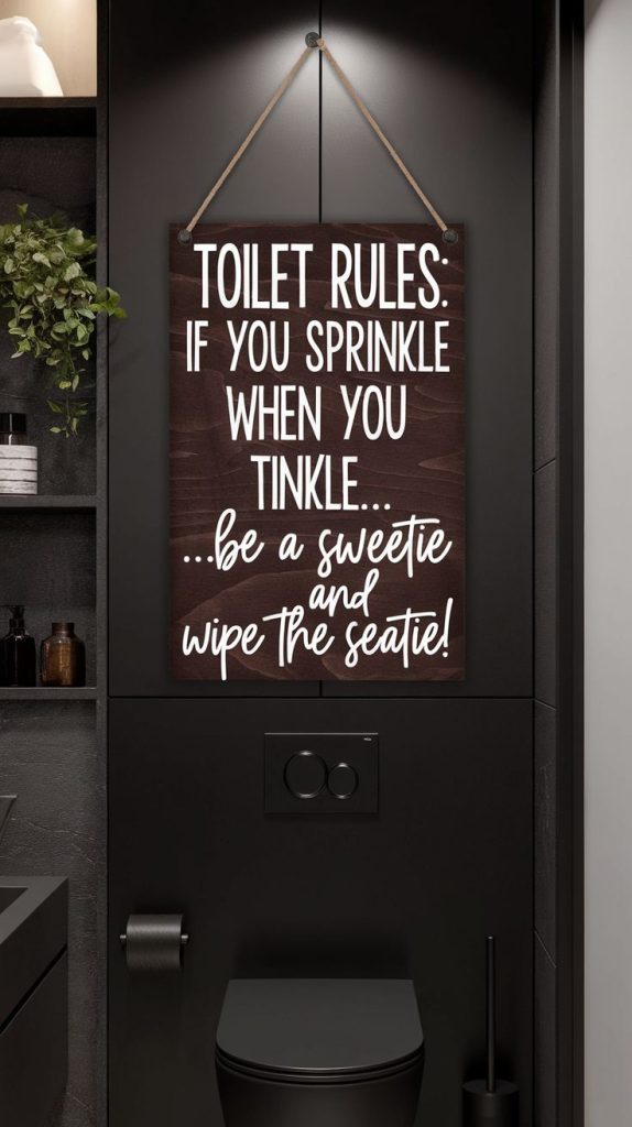 This witty wooden house wall art idea is perfect for anyone who loves decor with personality. A stylish way to enforce bathroom etiquette!