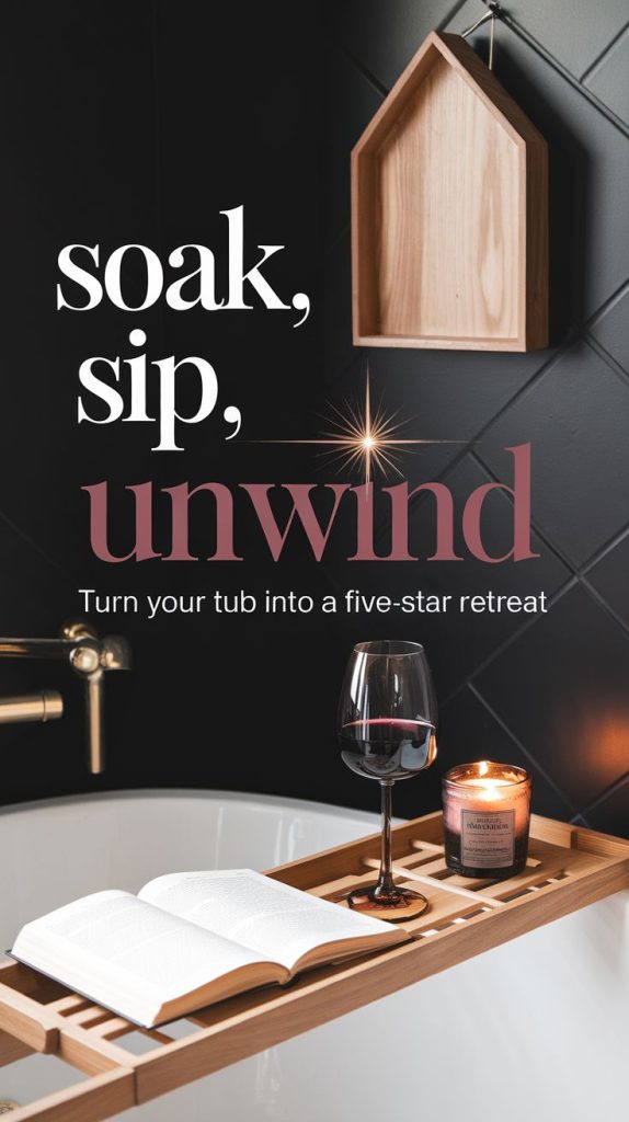 A dreamy boho bathroom setup featuring a freestanding bathtub, a wooden bath tray with a glass of wine, and a wooden sign that says ‘Soak, Sip, Unwind.’ The perfect setting for self-care lovers."