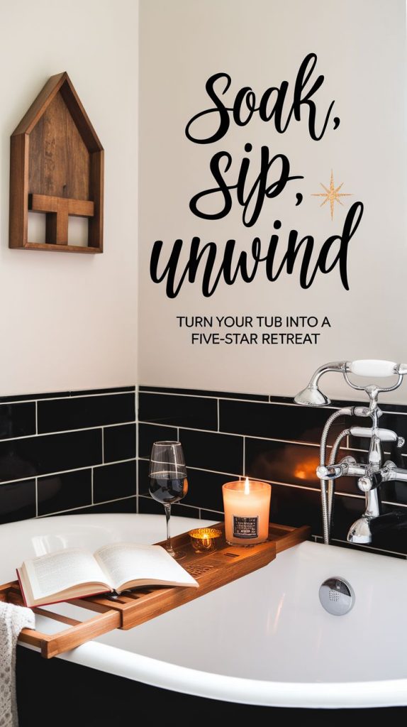 Master bath tub ideas decor comes to life with this cozy arrangement—a warm bath, flickering candles, and a rustic wooden sign that sets the perfect relaxation mood."