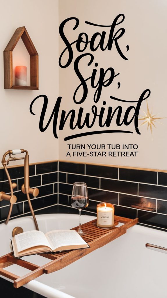 This serene bathroom decor piece features a wooden sign inviting you to soak and unwind. Ideal for homeowners looking for elegant yet functional bathroom wall decorations