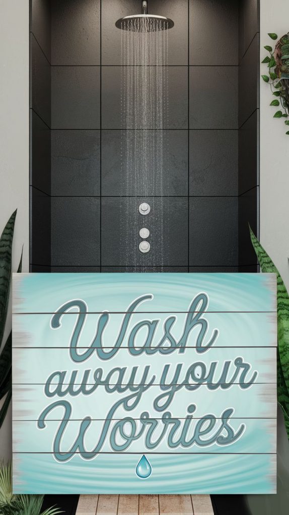 A rainfall shower with a sleek wooden sign that reads ‘Wash Away Your Worries,’ creating a peaceful and rejuvenating space for relaxation."