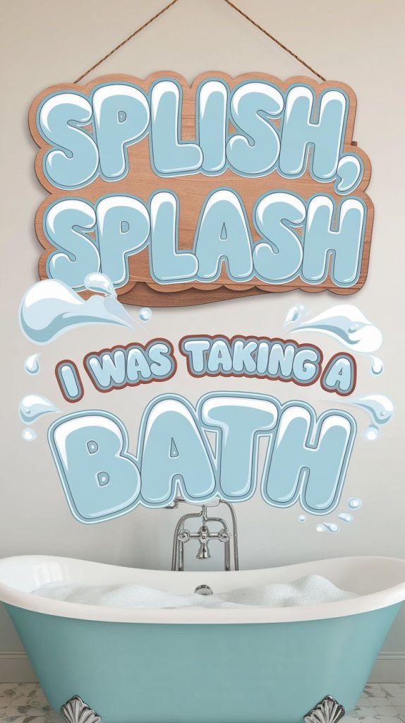 A playful wooden sign with ‘Splish, Splash, I Was Taking a Bath’ hanging above a freestanding tub, adding a fun touch to bathroom wall decorations ideas. Perfect for kids' and guest bathrooms