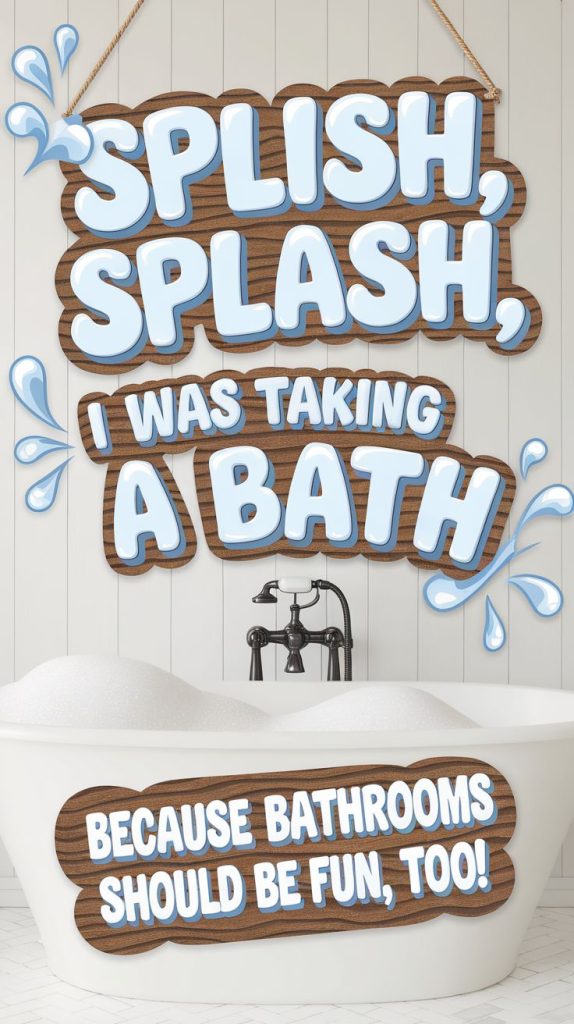 A boho-inspired bathroom featuring a rustic wooden sign with a whimsical bath-time quote. Ideal for those looking for artwork ideas for bathrooms with a lighthearted twist."