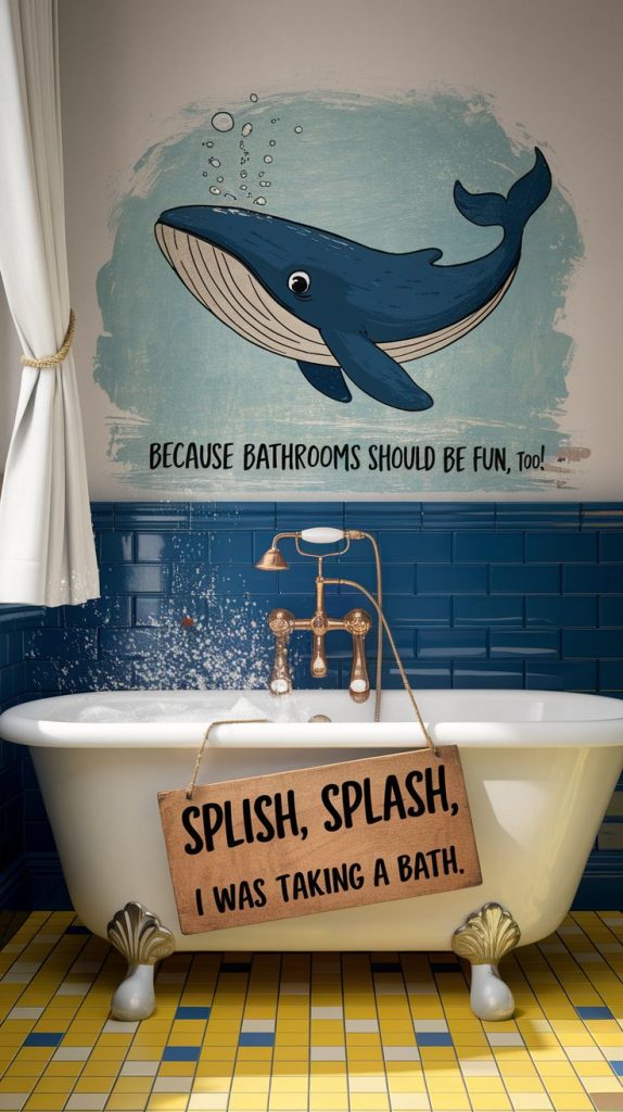 Bathroom idea decor gets a fun upgrade with this quirky wooden sign. The vintage bathtub, fluffy towels, and pops of color make it a perfect addition to any space.