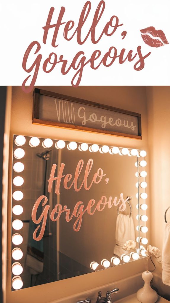 A sleek vanity setup with a stylish wooden ‘Hello, Gorgeous’ sign placed above the mirror, creating the perfect bathroom wall decorations idea for a confidence-boosting morning routine