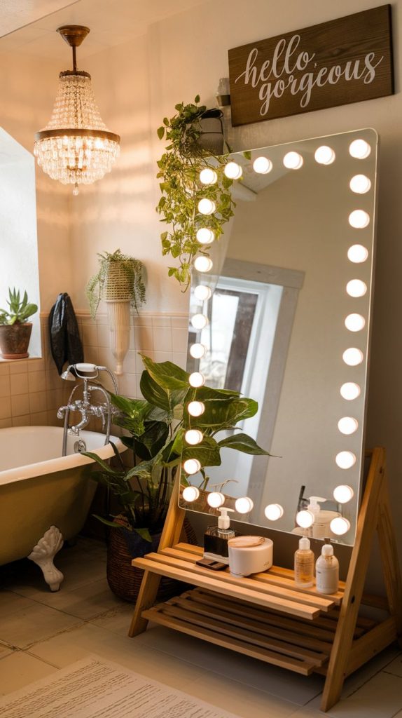 A modern bathroom with black boho bathroom ideas, featuring gold fixtures, a soft-lit mirror, and a rustic wooden sign reminding you to embrace your beauty.