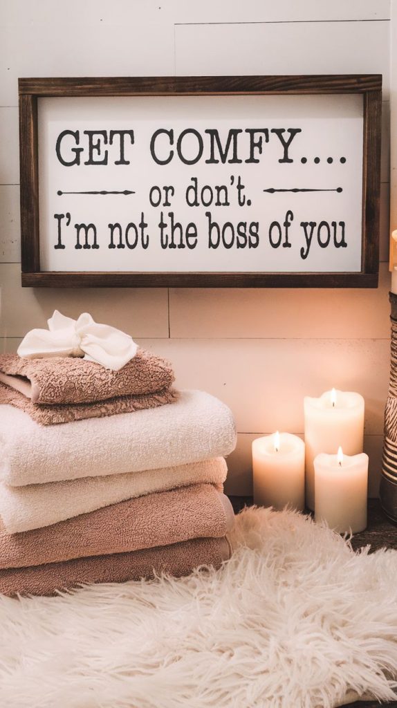 Serene bathroom decor meets sass with this stylish wooden sign, blending effortlessly with natural textures and soft color palettes.