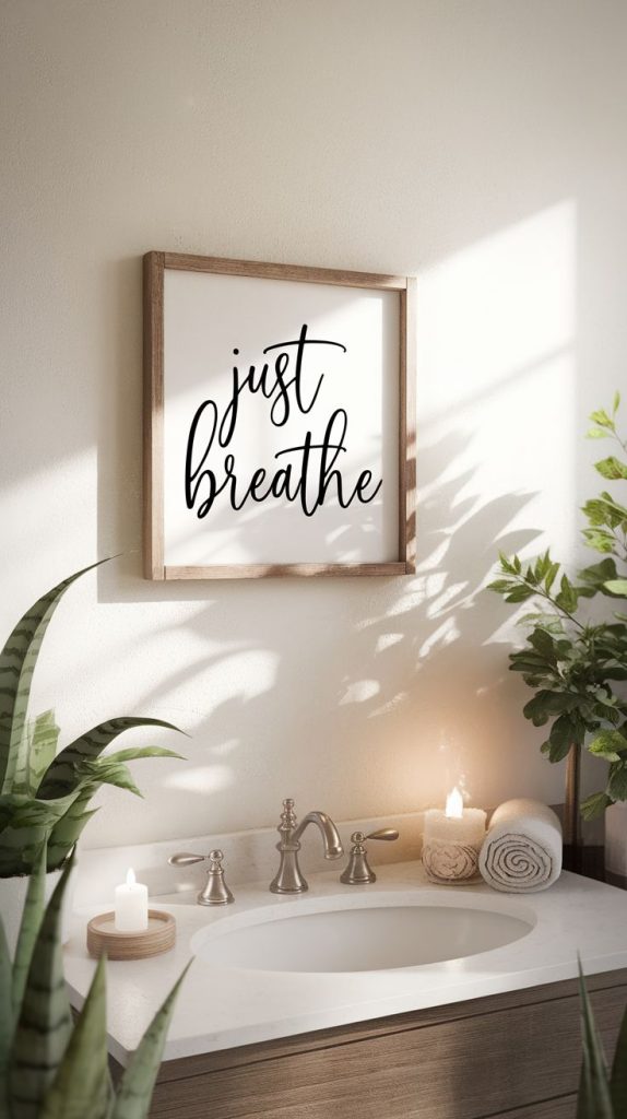 A soft-lit bathroom with a minimalist ‘Just Breathe’ wooden sign hanging above a modern sink. The perfect touch for serene bathroom decor