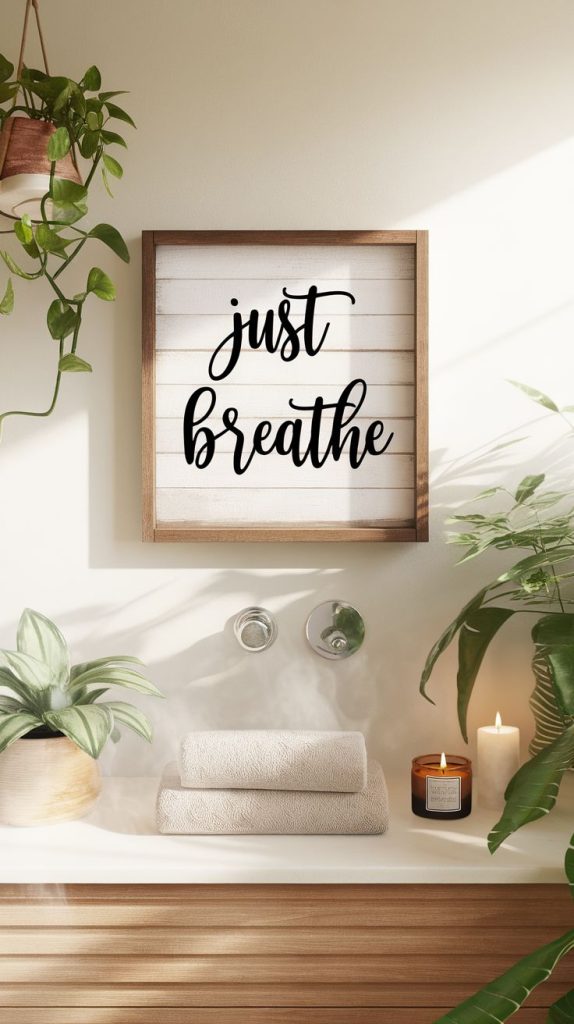 This elegant wooden sign adds warmth to a modern master bath, serving as a gentle reminder to pause and relax. A must-have for those curating a mindful bathroom space