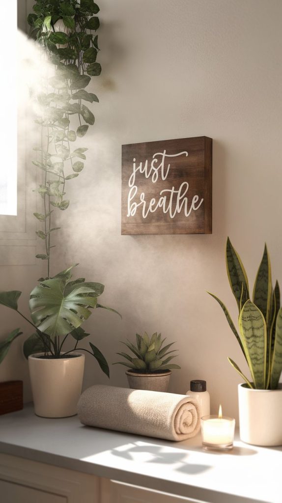 Perfect for black boho bathroom ideas, this wooden wall art creates a cozy yet modern vibe. Its sleek lettering contrasts beautifully against moody, deep-toned walls.