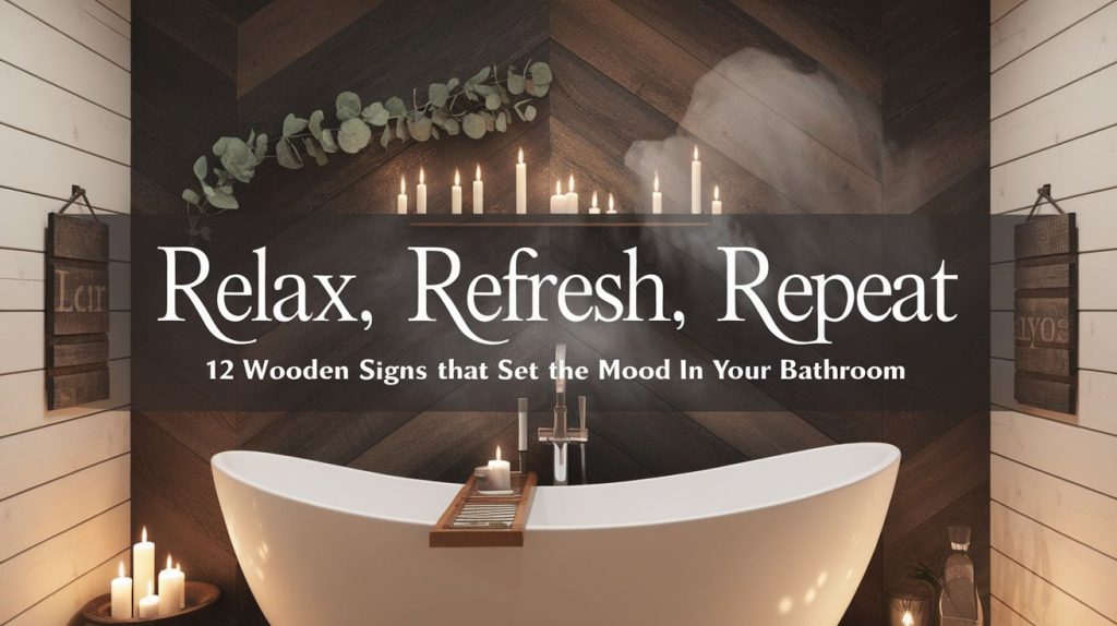 A cozy, spa-like bathroom featuring a rustic wooden ‘Relax, Refresh, Repeat’ sign mounted above a luxurious freestanding tub. Soft candlelight, eucalyptus sprigs, and fluffy towels create the perfect serene bathroom decor setup."