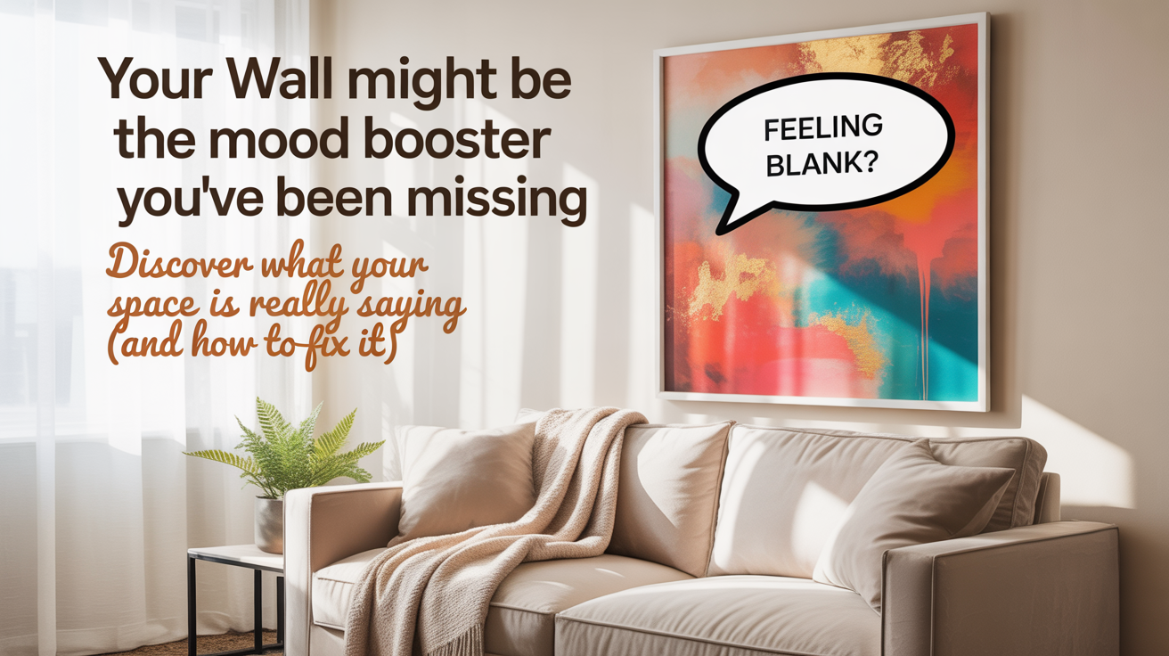 Cozy living room with playful wall art above a modern couch, styled with warm colors and minimal decor, representing how wall art can transform a room’s mood and energy.