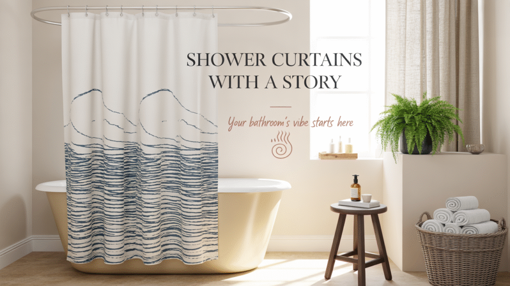 A modern bathroom with a bold artistic shower curtain, soft lighting, natural decor elements like a plant and wooden stool, creating a calming and stylish atmosphere.
