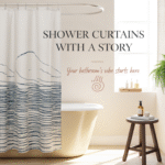 A modern bathroom with a bold artistic shower curtain, soft lighting, natural decor elements like a plant and wooden stool, creating a calming and stylish atmosphere.
