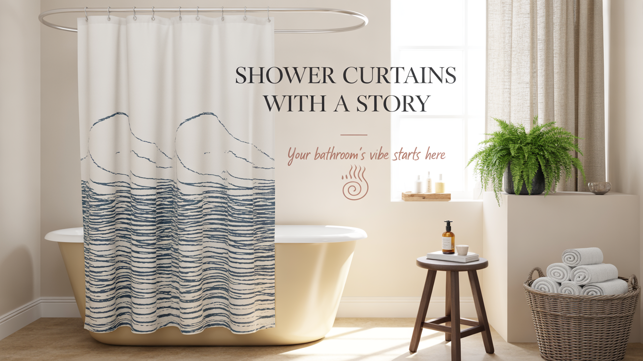 A modern bathroom with a bold artistic shower curtain, soft lighting, natural decor elements like a plant and wooden stool, creating a calming and stylish atmosphere.